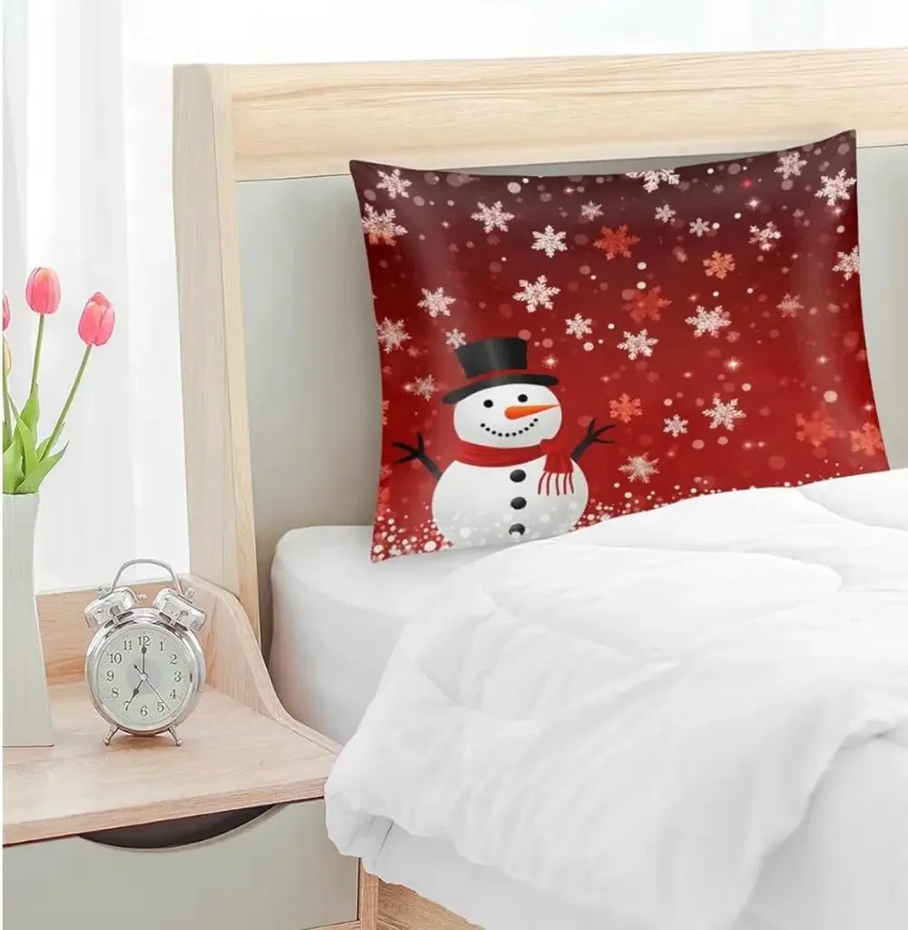 Satin Pillowcase for Hair and Skin, Red Christmas Snowman